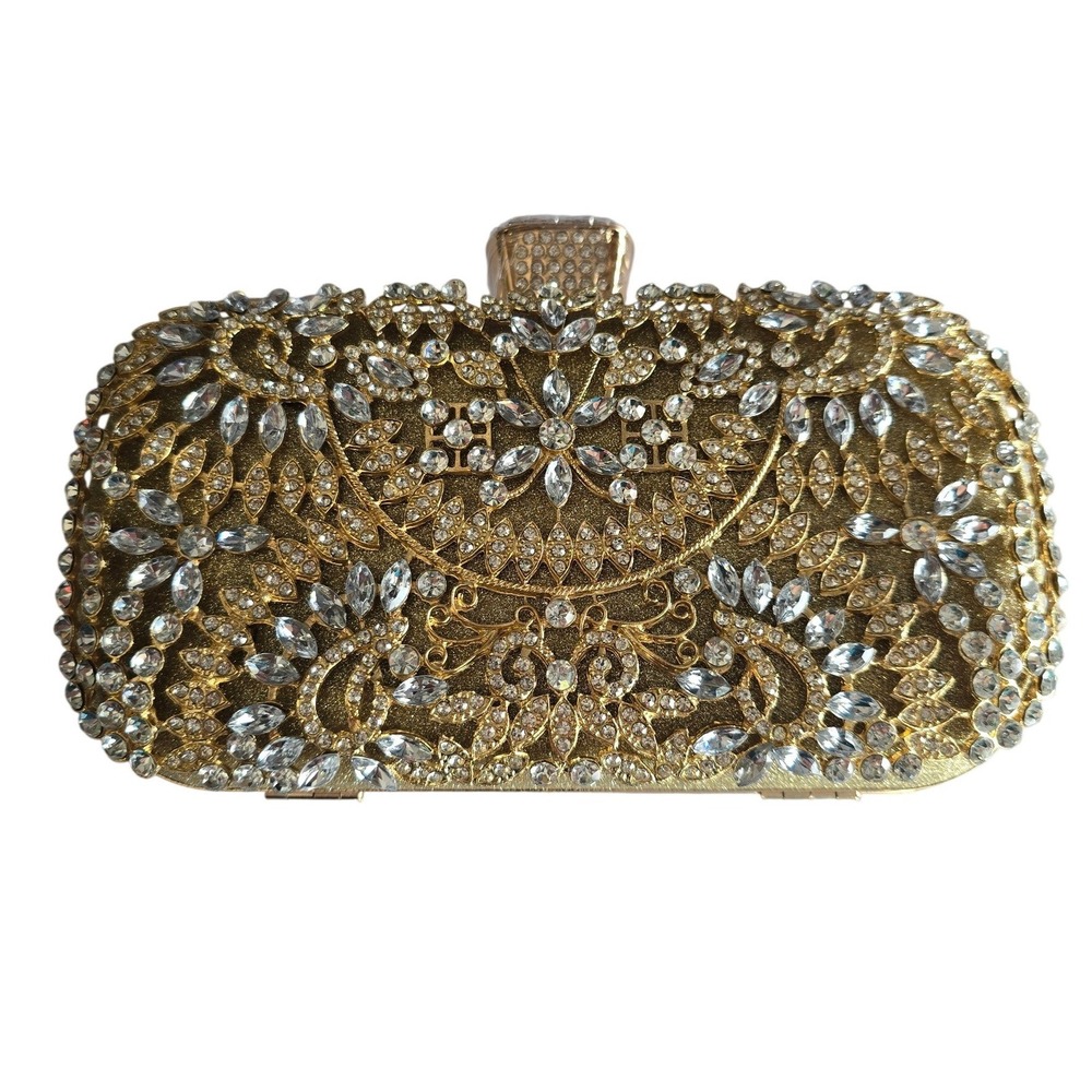 Gold Rhinestone Filigree Evening Clutch Bag Detachable Chain Formal Minaudiere - Picture 9 of 9